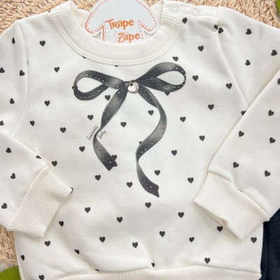 Conj. Casaco de Moletom Laço com Corações e Calça Legging - Off White e Preto